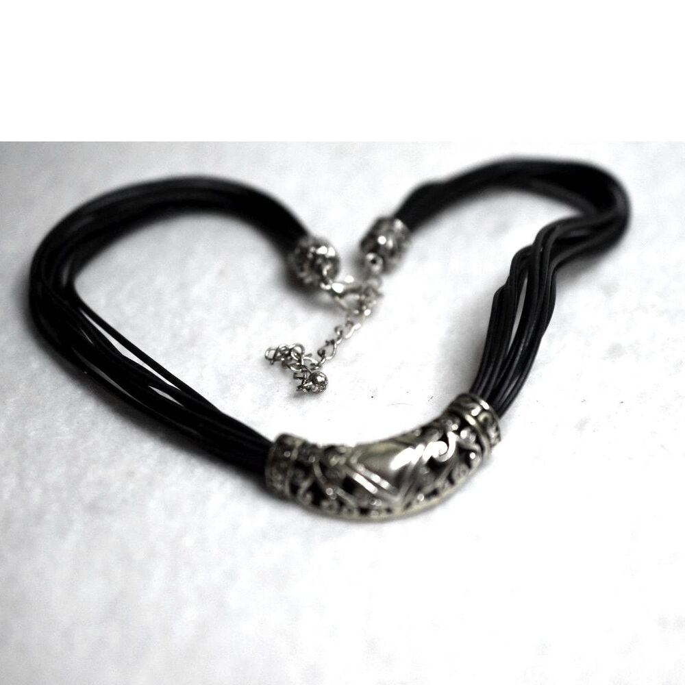Artistic Silver Tone Etched Metal Black Cord Choker 16" Grunge Goth Necklace